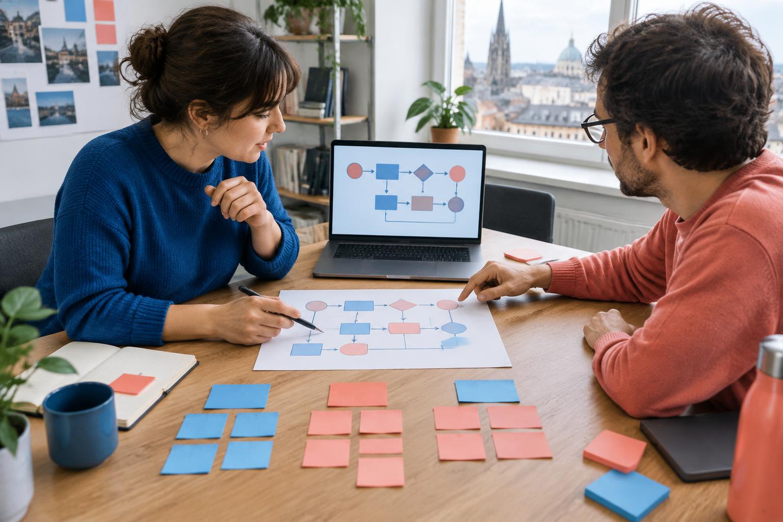 Illustration: Zwei Personen planen einen Workflow mit Diagrammen und Notizen