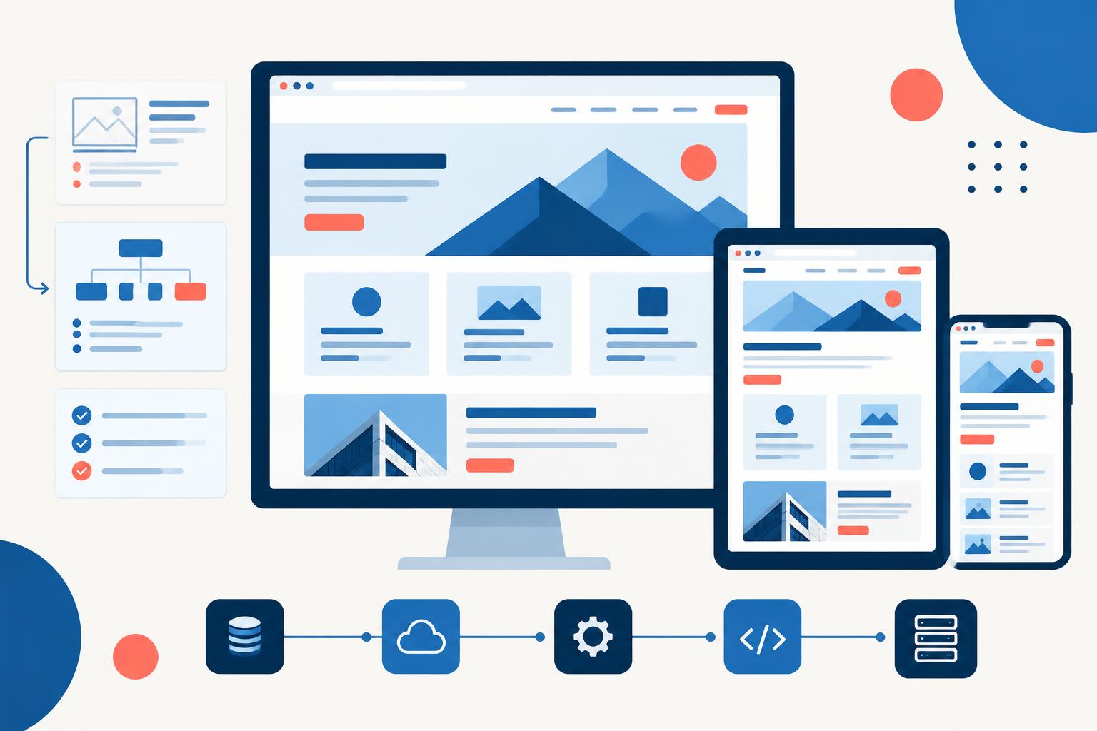 Illustration: Corporate Website auf Desktop, Tablet und Smartphone mit angebundenen Systemen
